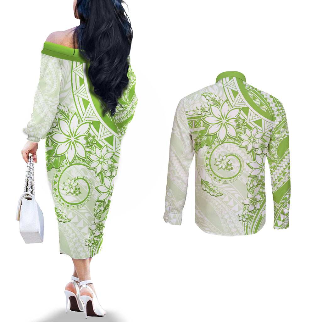 Polynesian Pattern With Plumeria Flowers Couples Matching Off The Shoulder Long Sleeve Dress and Long Sleeve Button Shirt Lime Green LT05 - Polynesian Pride
