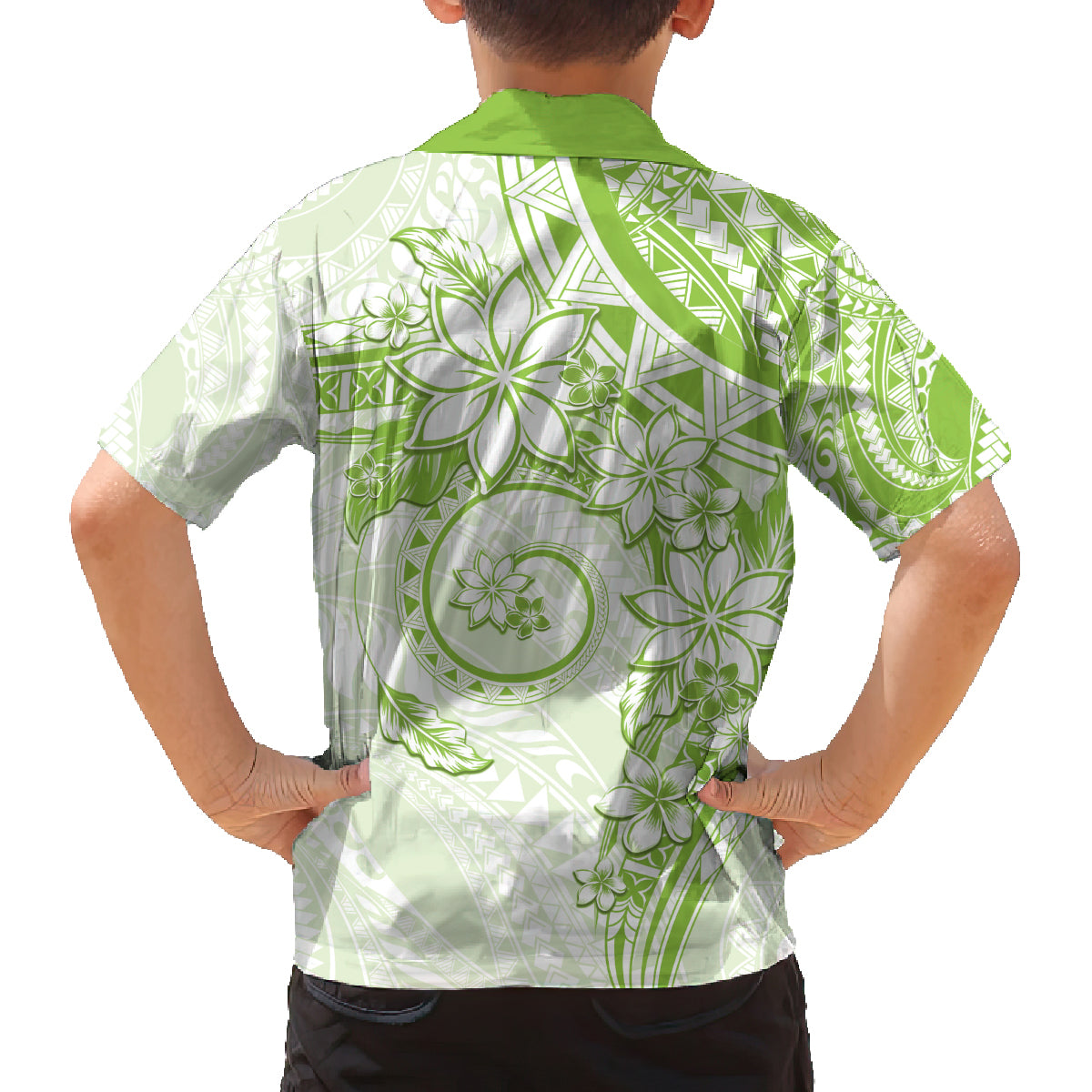 Polynesian Pattern With Plumeria Flowers Family Matching Long Sleeve Bodycon Dress and Hawaiian Shirt Lime Green