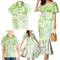 Polynesian Pattern With Plumeria Flowers Family Matching Mermaid Dress and Hawaiian Shirt Lime Green