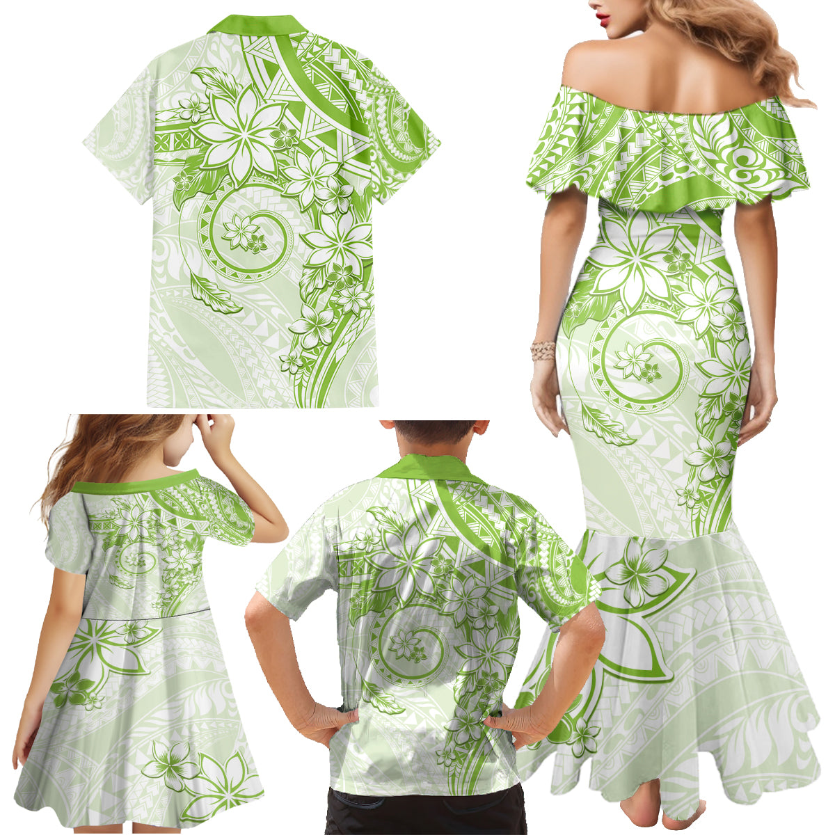 Polynesian Pattern With Plumeria Flowers Family Matching Mermaid Dress and Hawaiian Shirt Lime Green