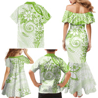 Polynesian Pattern With Plumeria Flowers Family Matching Mermaid Dress and Hawaiian Shirt Lime Green