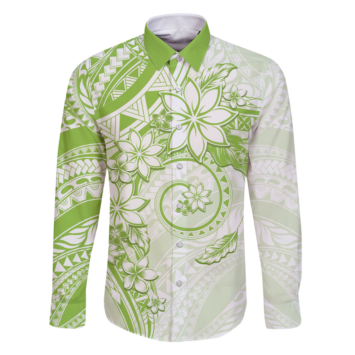 Polynesian Pattern With Plumeria Flowers Family Matching Mermaid Dress and Hawaiian Shirt Lime Green