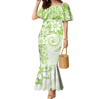 Polynesian Pattern With Plumeria Flowers Family Matching Mermaid Dress and Hawaiian Shirt Lime Green