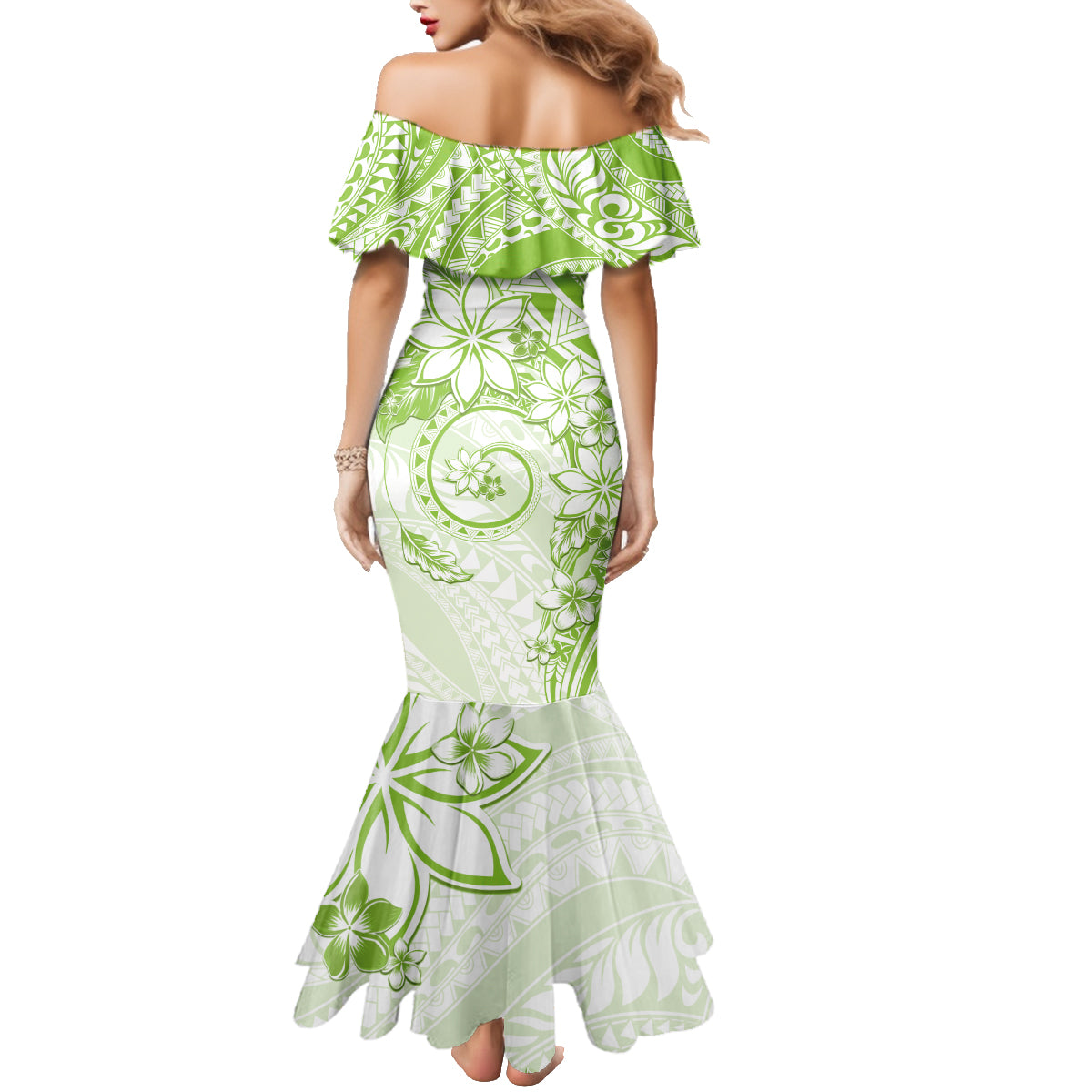 Polynesian Pattern With Plumeria Flowers Family Matching Mermaid Dress and Hawaiian Shirt Lime Green