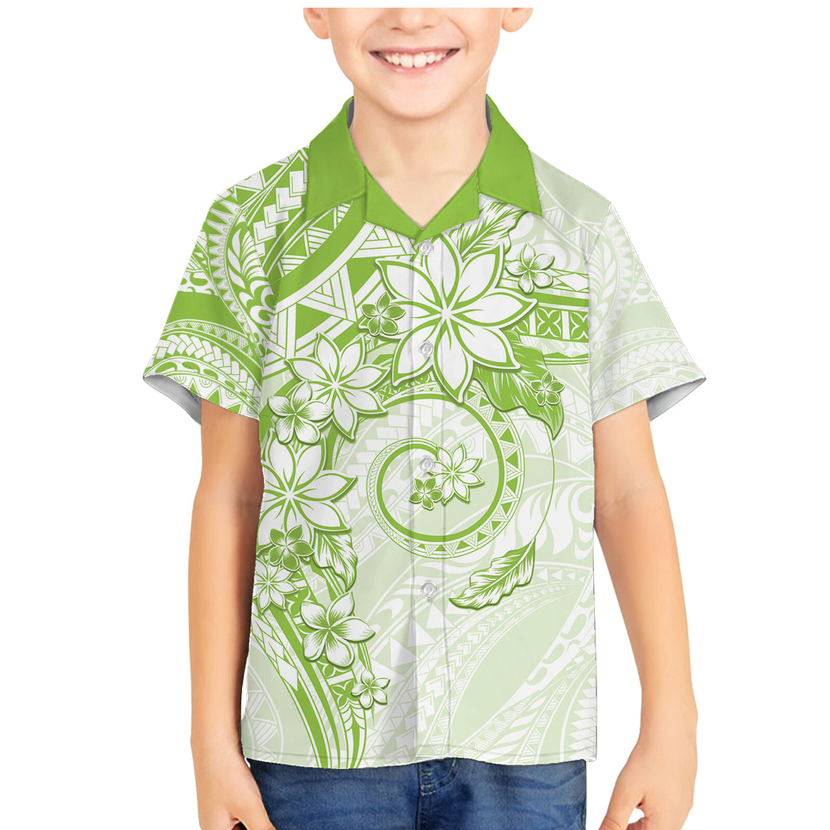 Polynesian Pattern With Plumeria Flowers Family Matching Mermaid Dress and Hawaiian Shirt Lime Green
