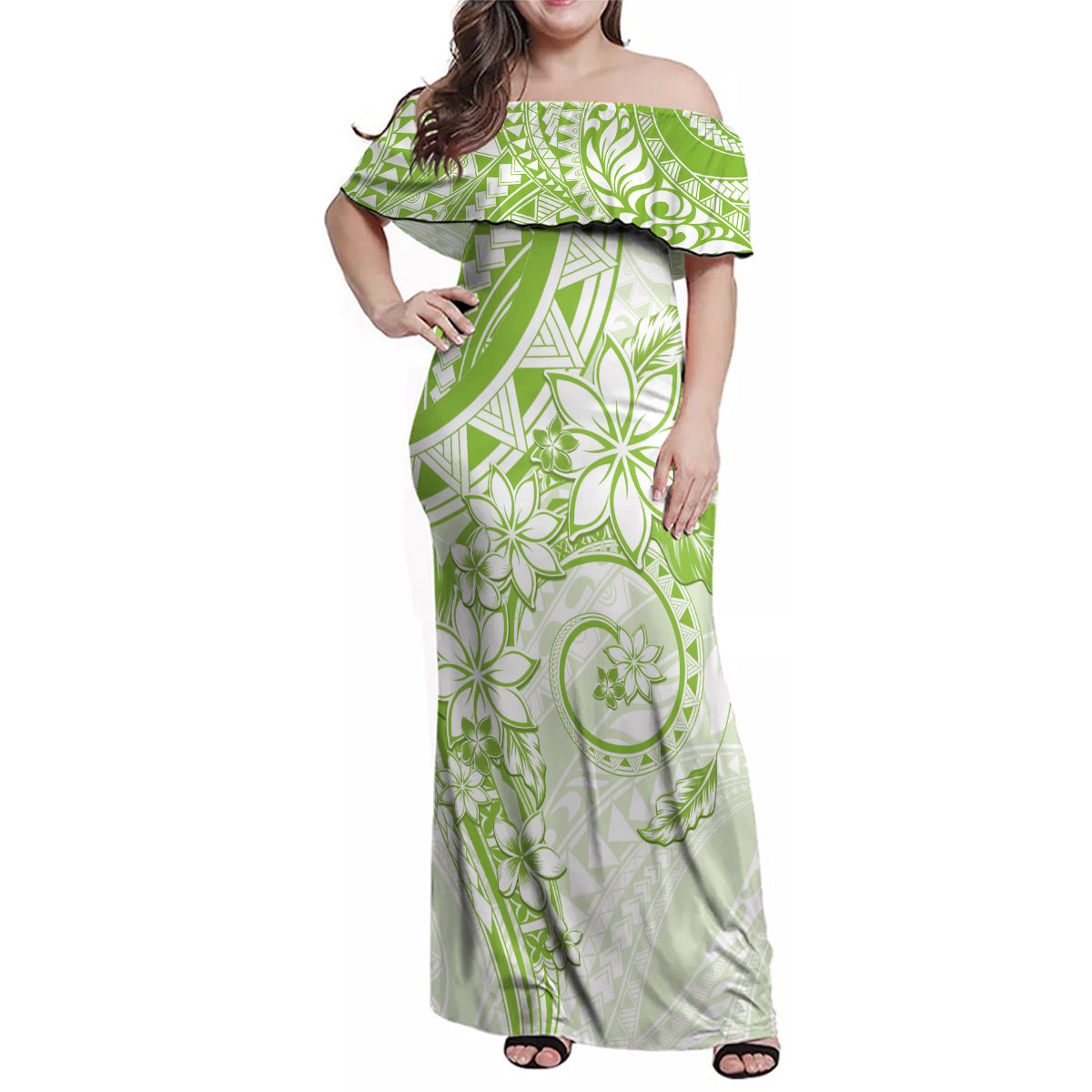 Polynesian Pattern With Plumeria Flowers Family Matching Off Shoulder Maxi Dress and Hawaiian Shirt Lime Green