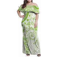 Polynesian Pattern With Plumeria Flowers Family Matching Off Shoulder Maxi Dress and Hawaiian Shirt Lime Green