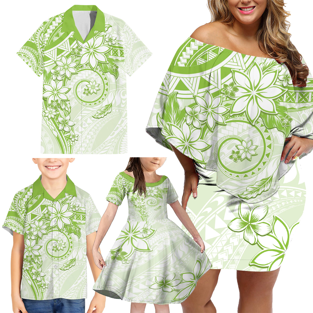 Polynesian Pattern With Plumeria Flowers Family Matching Off Shoulder Short Dress and Hawaiian Shirt Lime Green