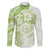 Polynesian Pattern With Plumeria Flowers Family Matching Off Shoulder Short Dress and Hawaiian Shirt Lime Green