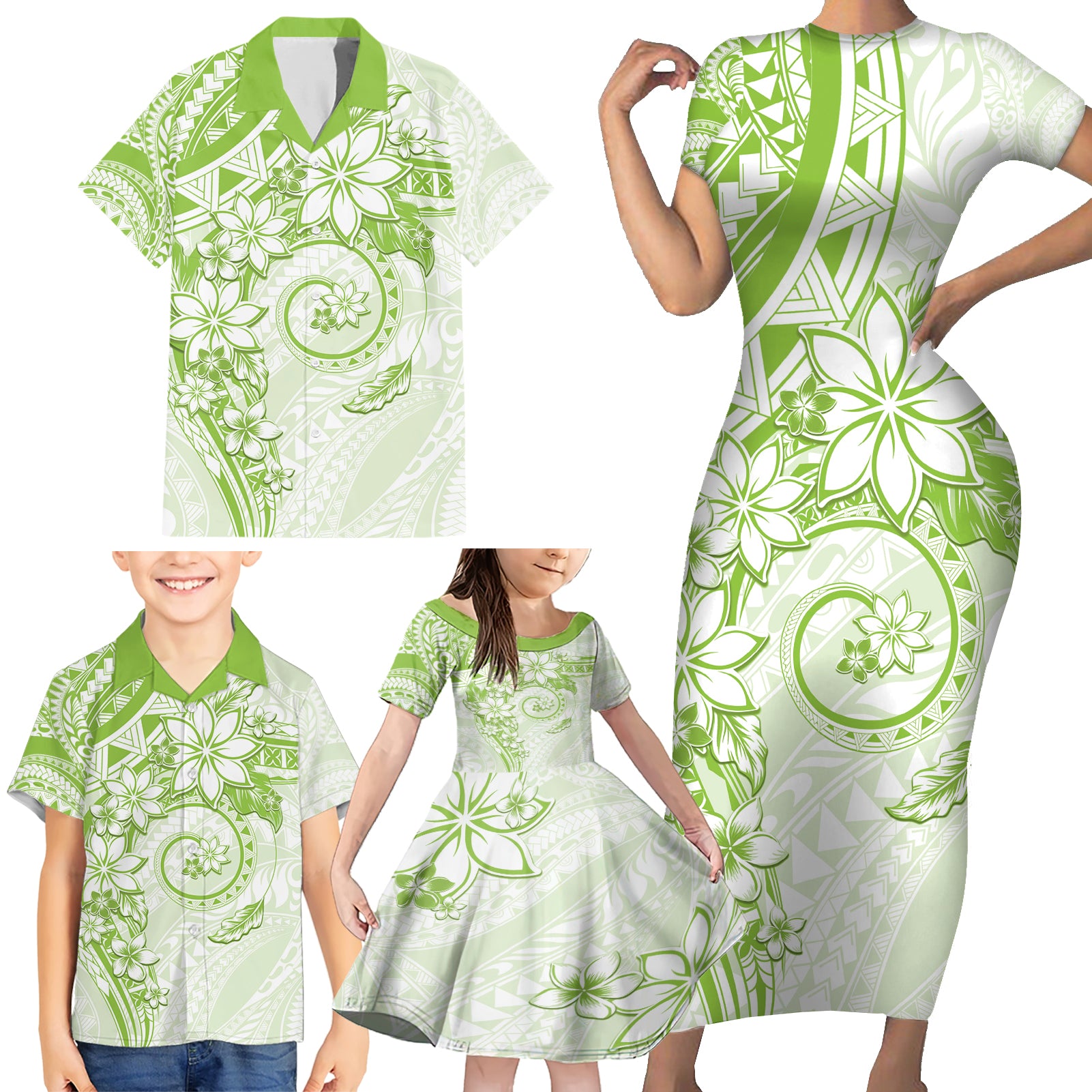 Polynesian Pattern With Plumeria Flowers Family Matching Short Sleeve Bodycon Dress and Hawaiian Shirt Lime Green