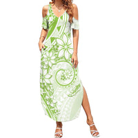 Polynesian Pattern With Plumeria Flowers Family Matching Summer Maxi Dress and Hawaiian Shirt Lime Green