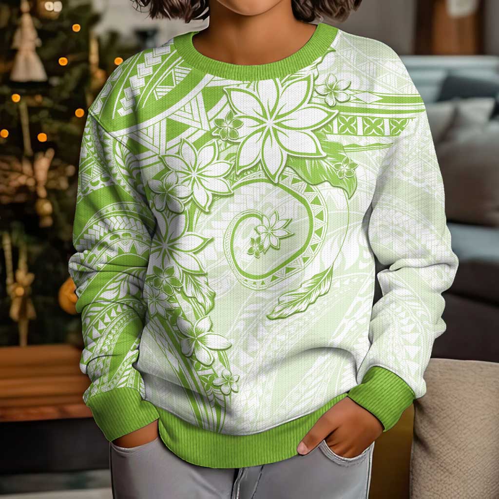 Polynesian Pattern With Plumeria Flowers Kid Ugly Christmas Sweater Lime Green