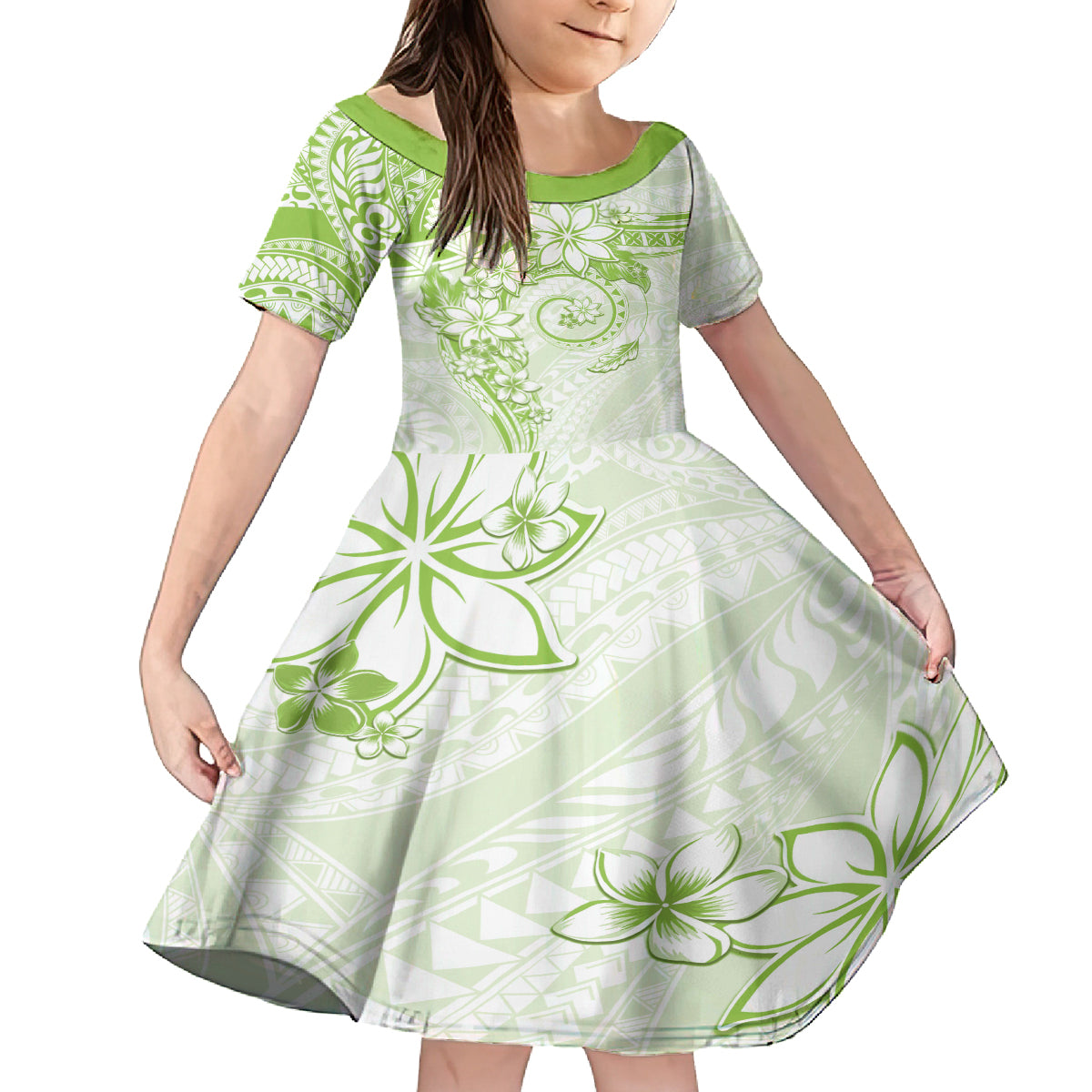 Polynesian Pattern With Plumeria Flowers Kid Short Sleeve Dress Lime Green