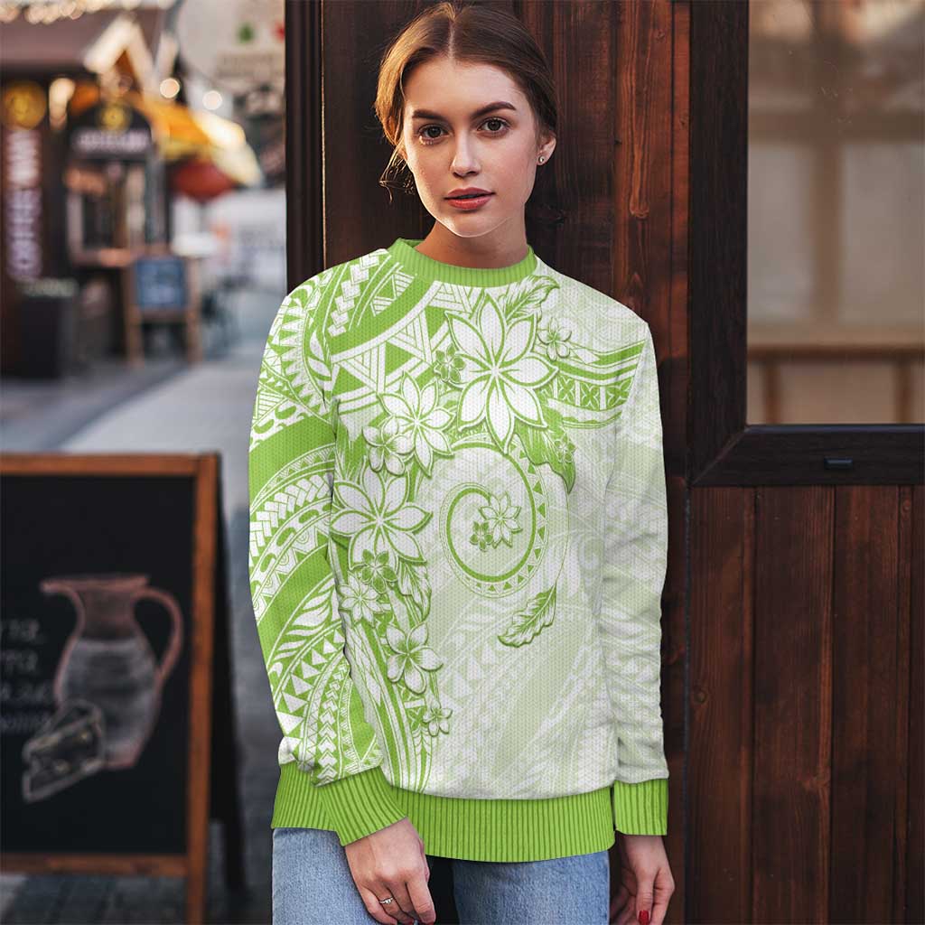 Polynesian Pattern With Plumeria Flowers Ugly Christmas Sweater Lime Green