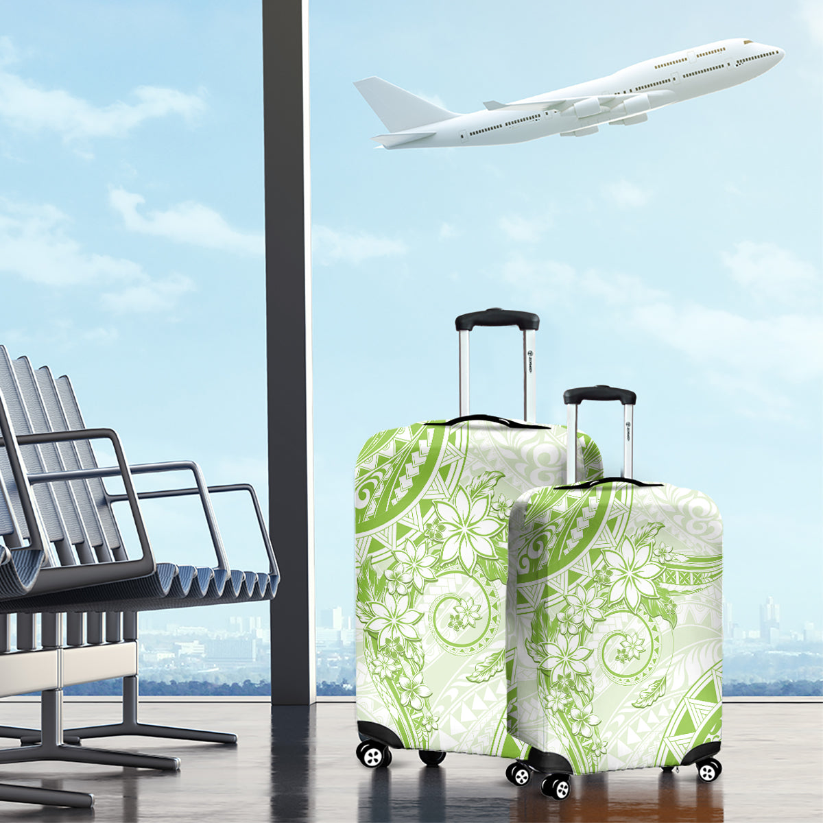 Polynesian Pattern With Plumeria Flowers Luggage Cover Lime Green LT05 - Polynesian Pride