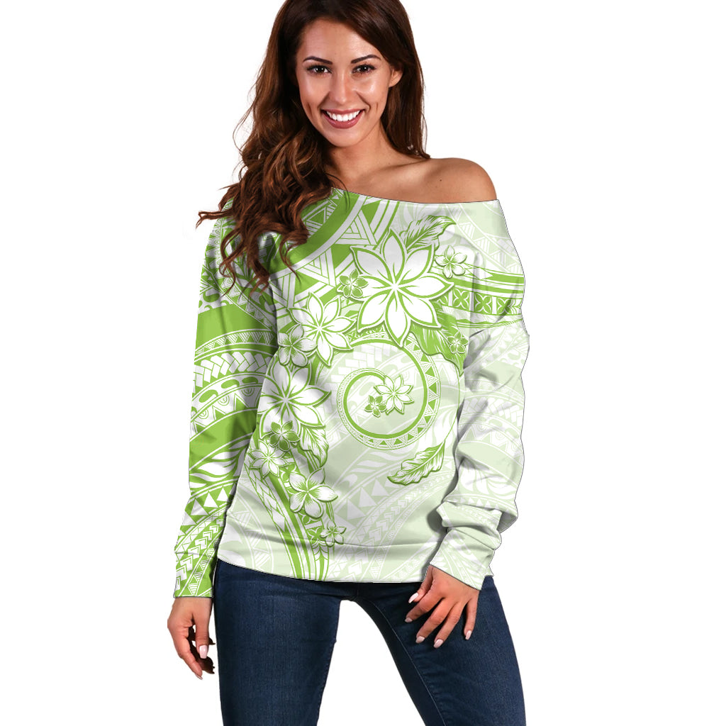 Polynesian Pattern With Plumeria Flowers Off Shoulder Sweater Lime Green