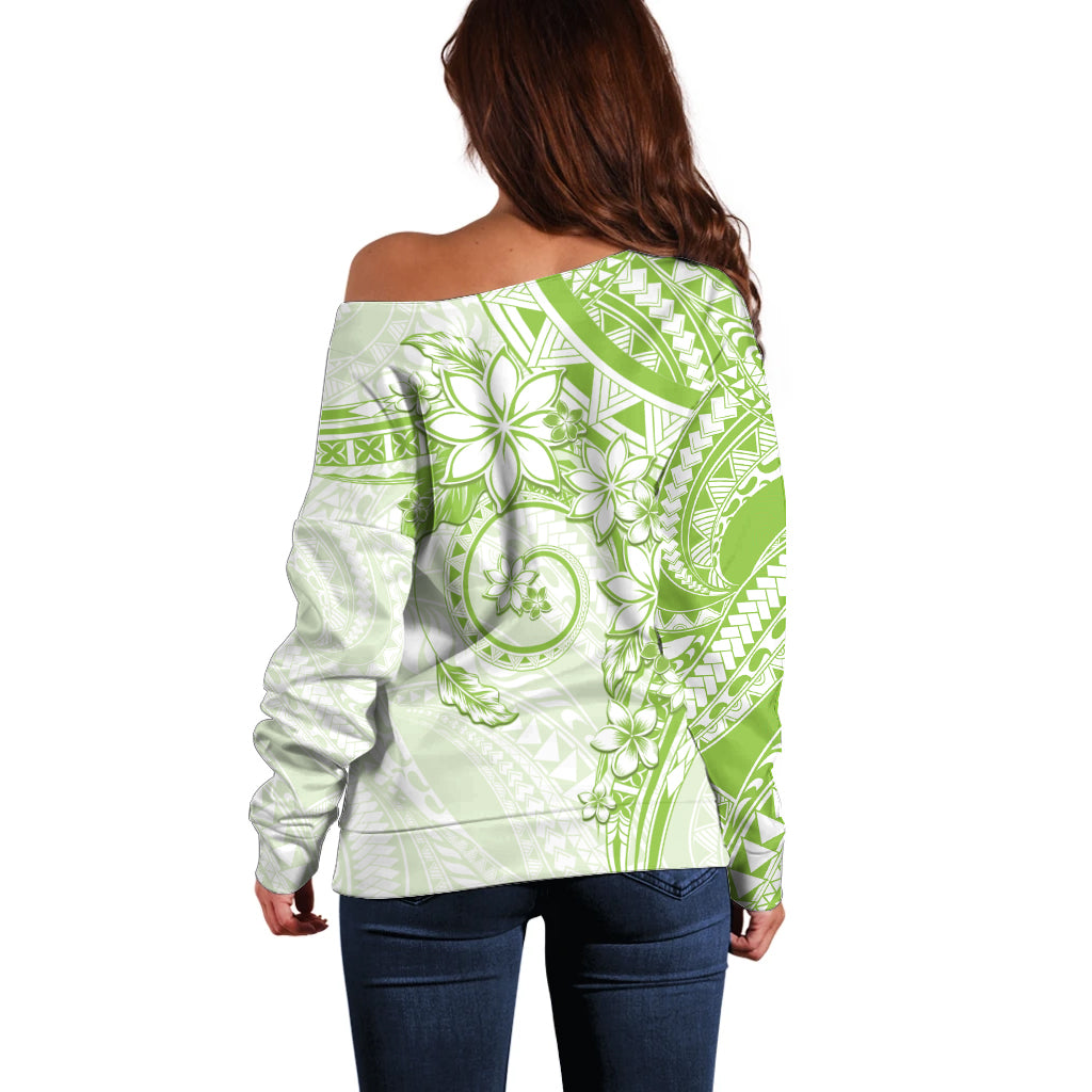 Polynesian Pattern With Plumeria Flowers Off Shoulder Sweater Lime Green