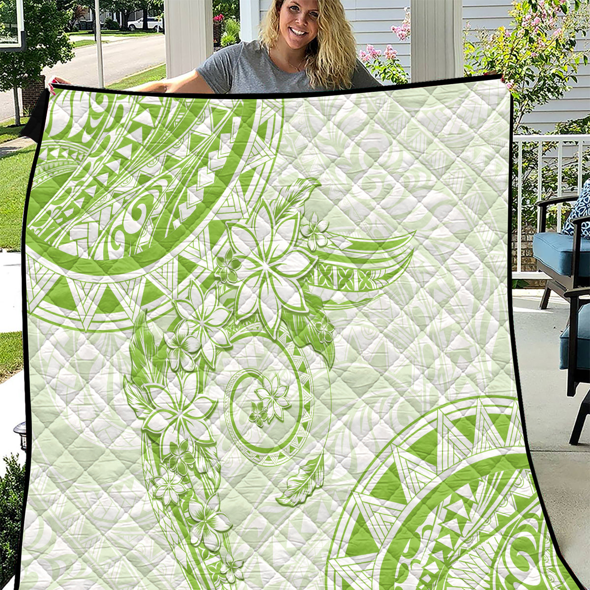 Polynesian Pattern With Plumeria Flowers Quilt Lime Green