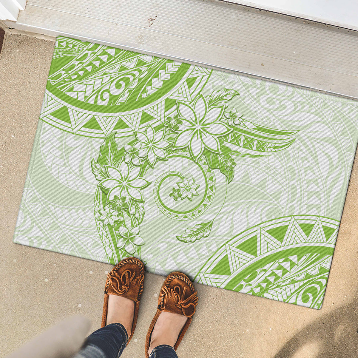 Polynesian Pattern With Plumeria Flowers Rubber Doormat Lime Green
