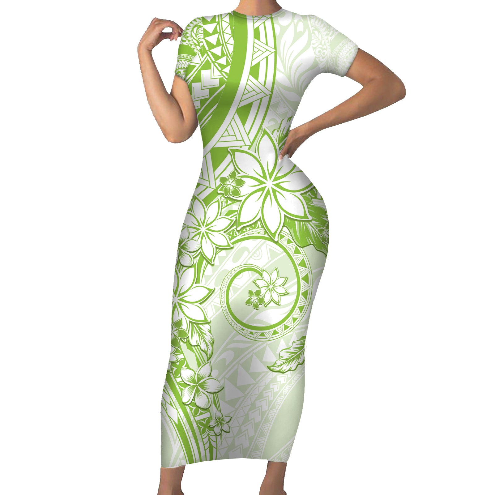 Polynesian Pattern With Plumeria Flowers Short Sleeve Bodycon Dress Lime Green