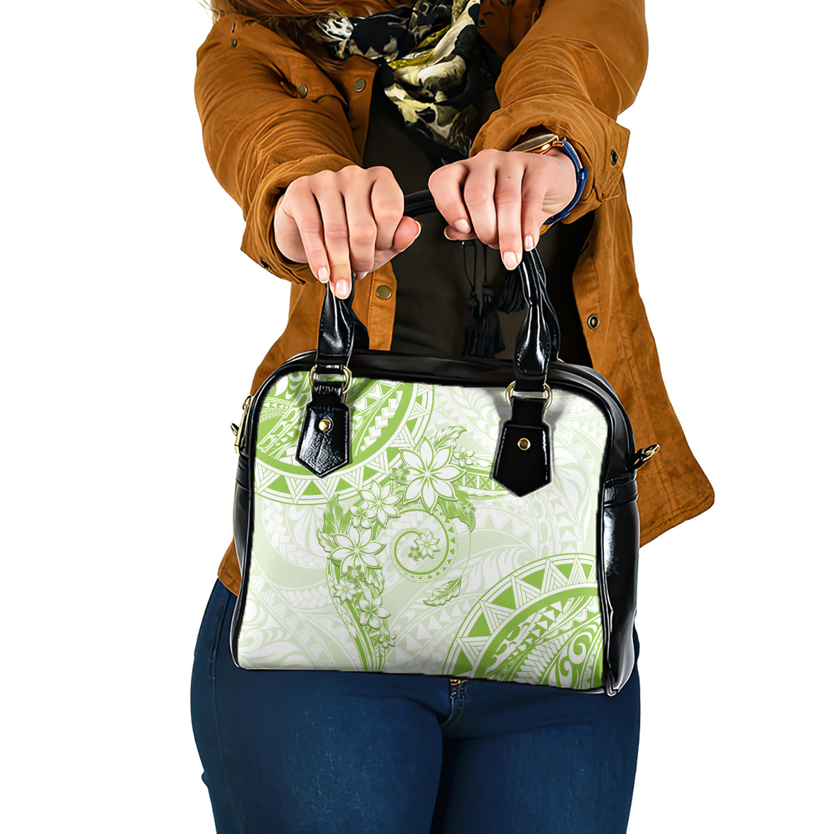 Polynesian Pattern With Plumeria Flowers Shoulder Handbag Lime Green