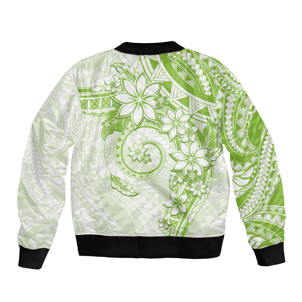 Polynesian Pattern With Plumeria Flowers Sleeve Zip Bomber Jacket Lime Green