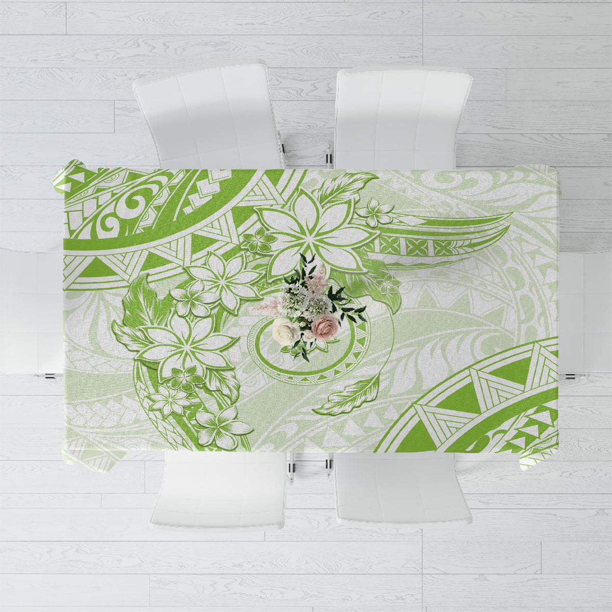 Polynesian Pattern With Plumeria Flowers Tablecloth Lime Green