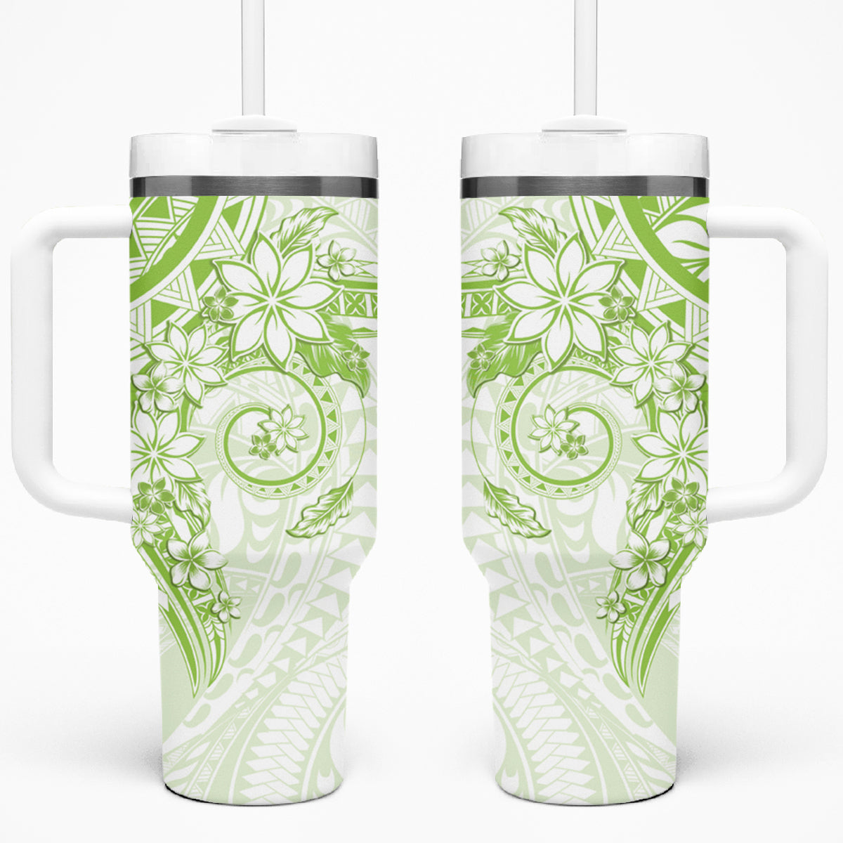 Lime Green Polynesian Pattern With Plumeria Flowers Tumbler With Handle