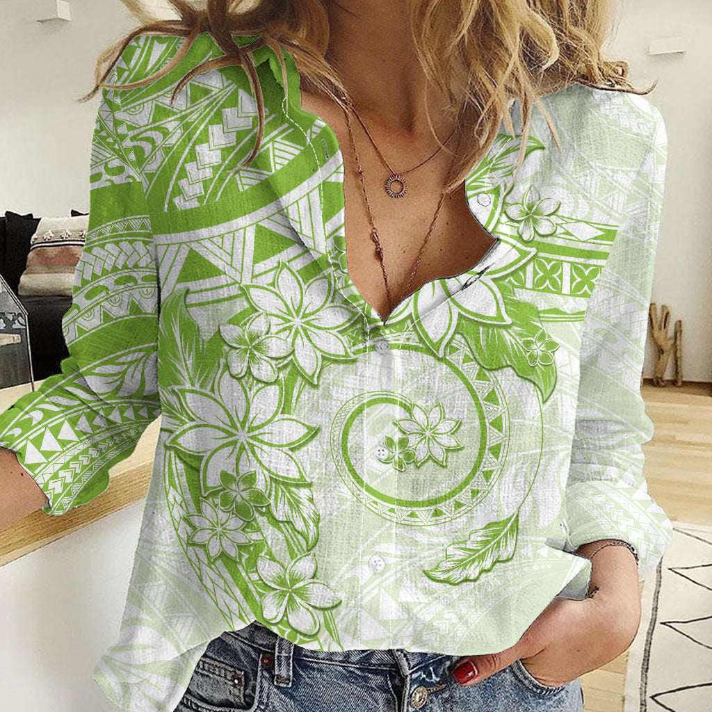 Polynesian Pattern With Plumeria Flowers Women Casual Shirt Lime Green