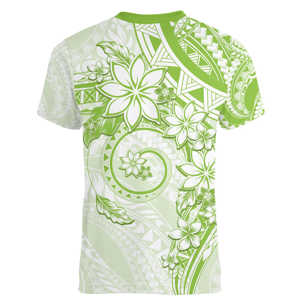 Polynesian Pattern With Plumeria Flowers Women V-Neck T-Shirt Lime Green