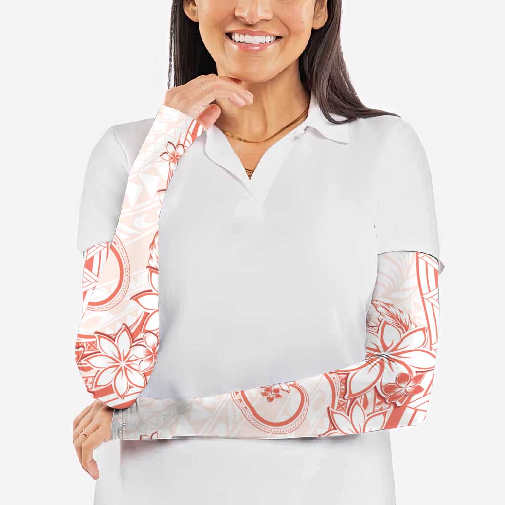 Polynesian Pattern With Plumeria Flowers Arm Sleeves Orange Peach - Polynesian Pride
