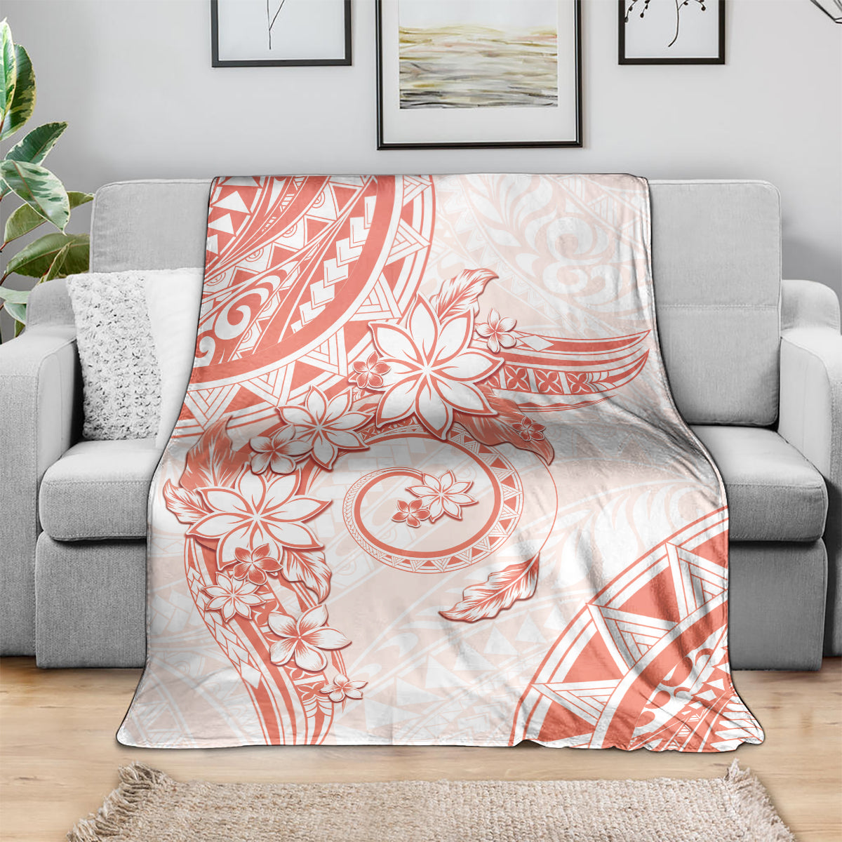 Polynesian Pattern With Plumeria Flowers Blanket Orange Peach