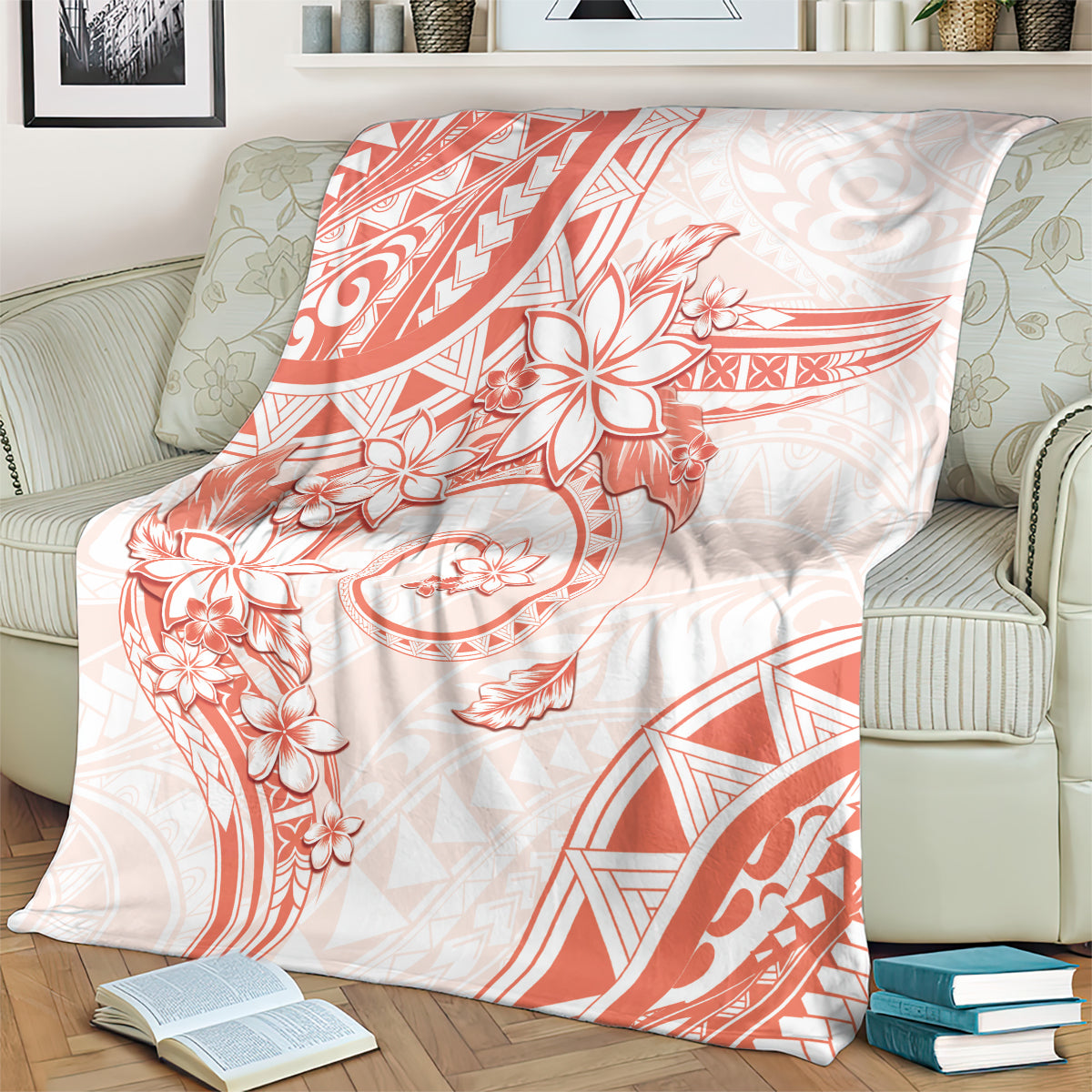 Polynesian Pattern With Plumeria Flowers Blanket Orange Peach