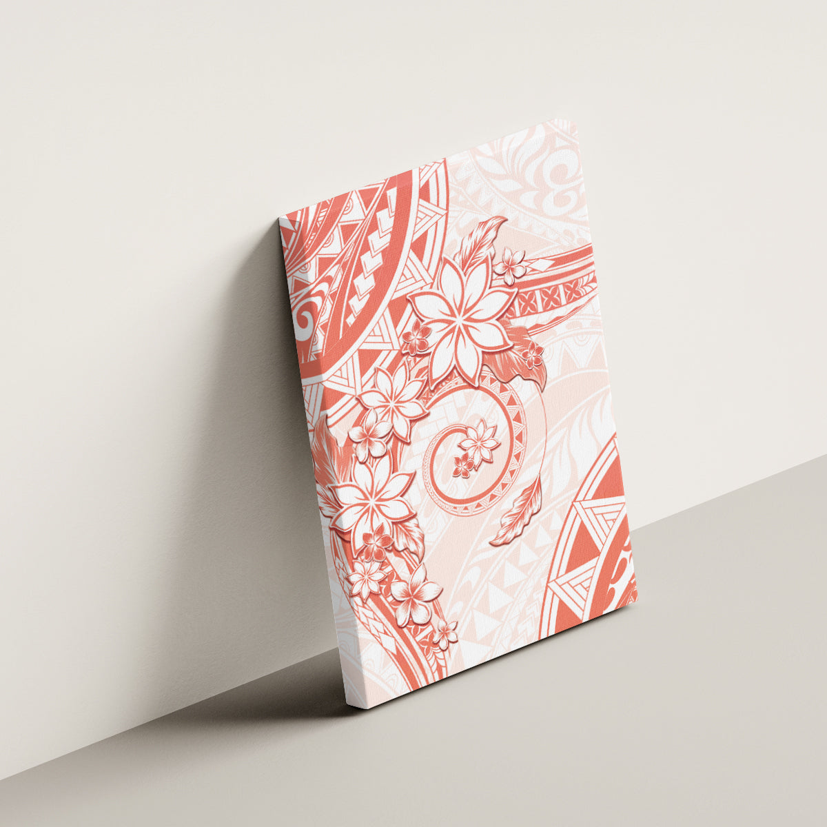 Polynesian Pattern With Plumeria Flowers Canvas Wall Art Orange Peach