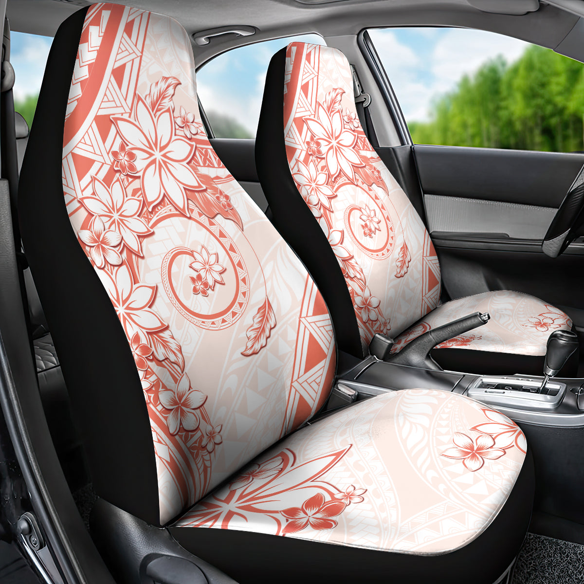 Polynesian Pattern With Plumeria Flowers Car Seat Cover Orange Peach