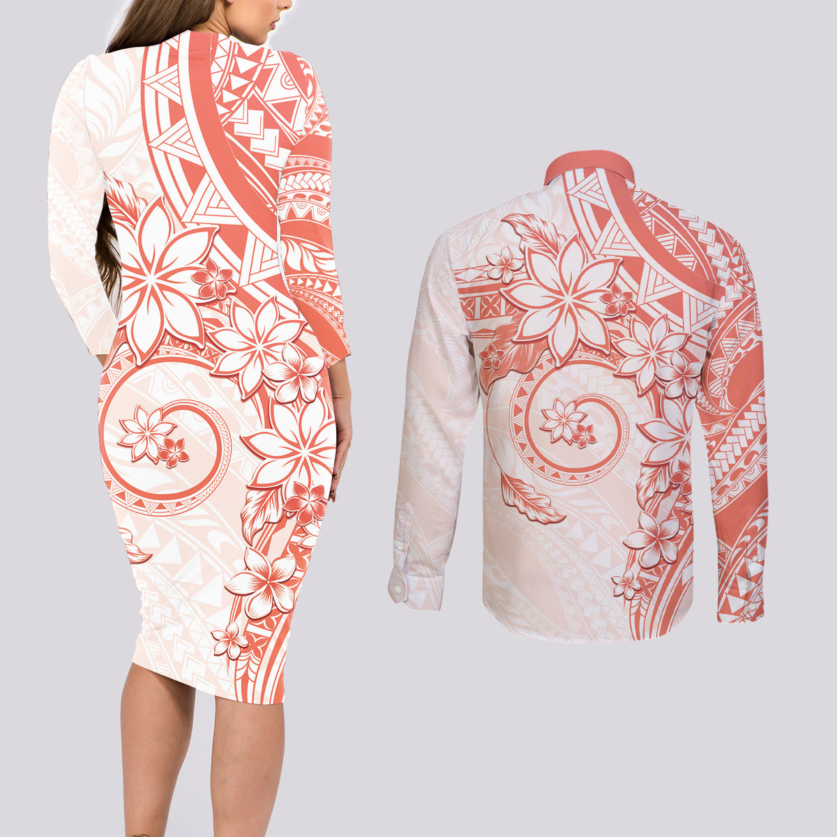 Polynesian Pattern With Plumeria Flowers Couples Matching Long Sleeve Bodycon Dress and Long Sleeve Button Shirt Orange Peach