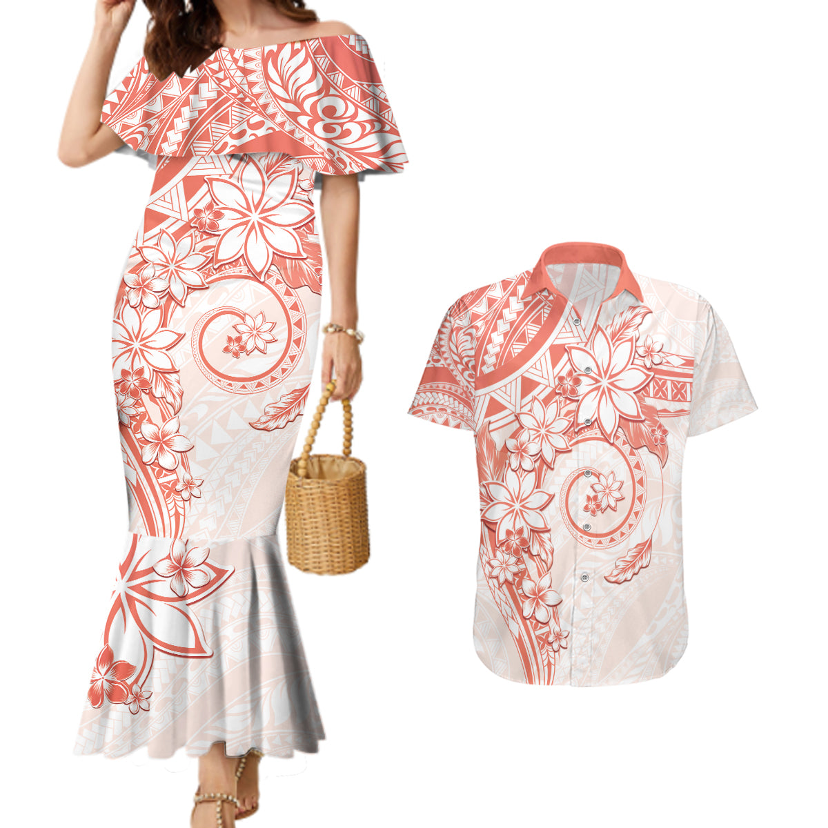 Polynesian Pattern With Plumeria Flowers Couples Matching Mermaid Dress and Hawaiian Shirt Orange Peach
