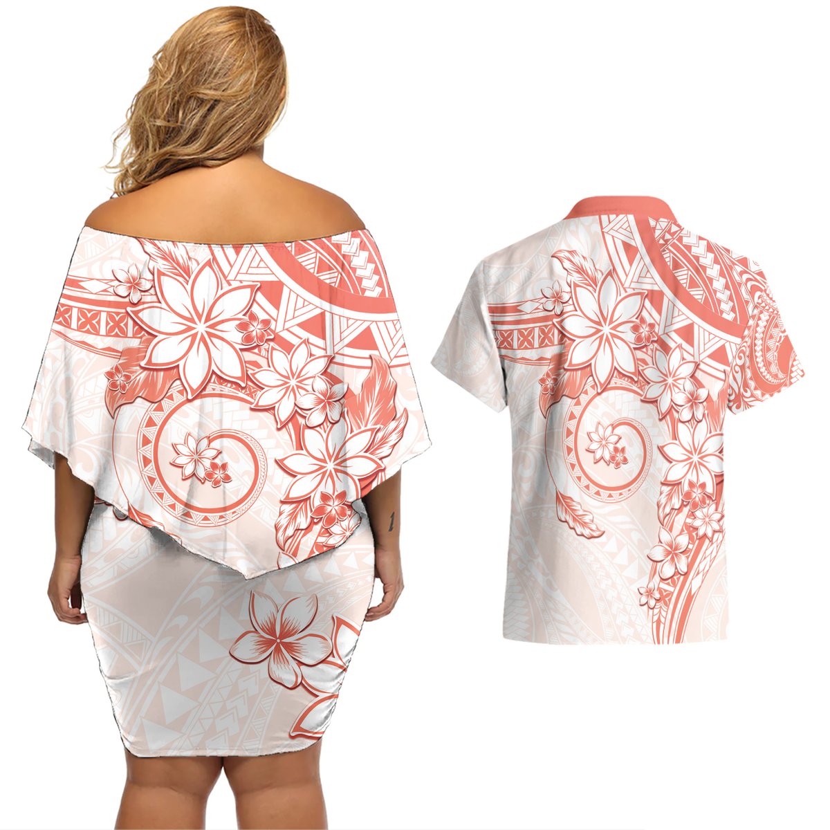 Polynesian Pattern With Plumeria Flowers Couples Matching Off Shoulder Short Dress and Hawaiian Shirt Orange Peach