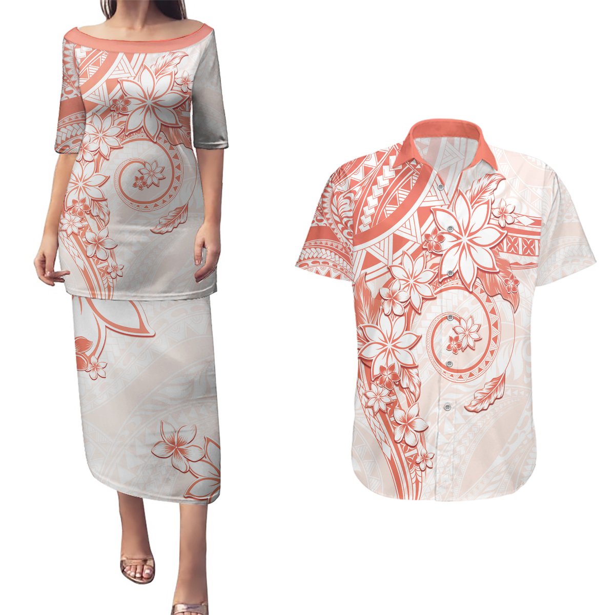 Polynesian Pattern With Plumeria Flowers Couples Matching Puletasi and Hawaiian Shirt Orange Peach LT05 Peach - Polynesian Pride