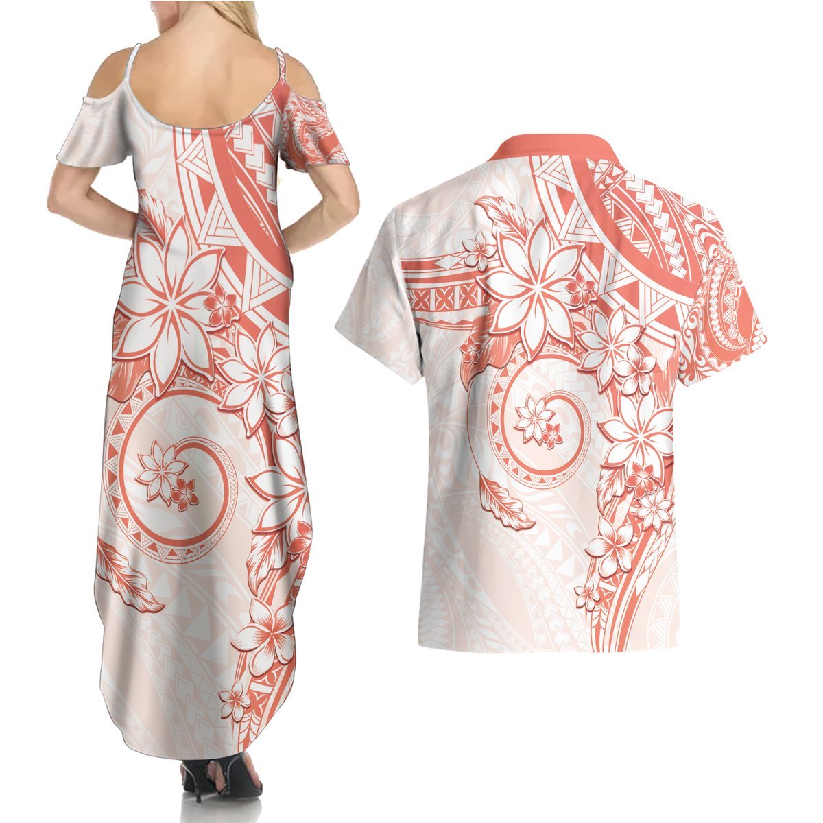 Polynesian Pattern With Plumeria Flowers Couples Matching Summer Maxi Dress and Hawaiian Shirt Orange Peach LT05 - Polynesian Pride