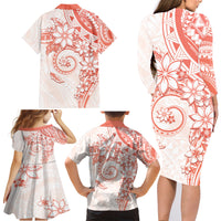 Polynesian Pattern With Plumeria Flowers Family Matching Long Sleeve Bodycon Dress and Hawaiian Shirt Orange Peach