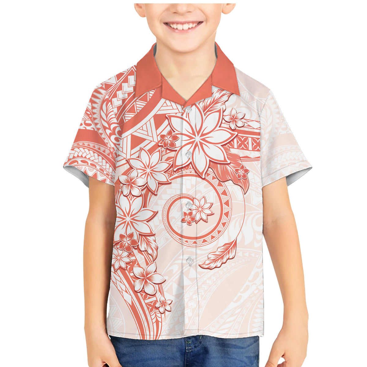 Polynesian Pattern With Plumeria Flowers Family Matching Mermaid Dress and Hawaiian Shirt Orange Peach