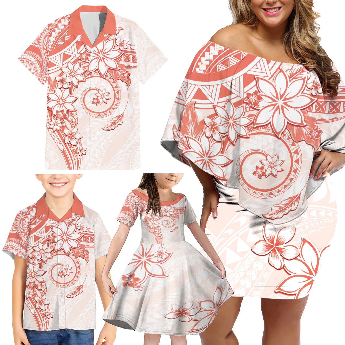 Polynesian Pattern With Plumeria Flowers Family Matching Off Shoulder Short Dress and Hawaiian Shirt Orange Peach