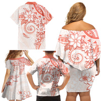 Polynesian Pattern With Plumeria Flowers Family Matching Off Shoulder Short Dress and Hawaiian Shirt Orange Peach