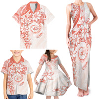 Polynesian Pattern With Plumeria Flowers Family Matching Tank Maxi Dress and Hawaiian Shirt Orange Peach