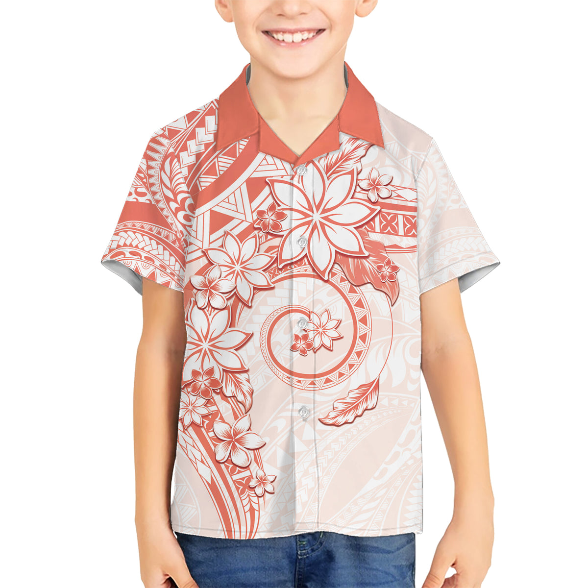 Polynesian Pattern With Plumeria Flowers Kid Hawaiian Shirt Orange Peach LT05 Kid Peach - Polynesian Pride