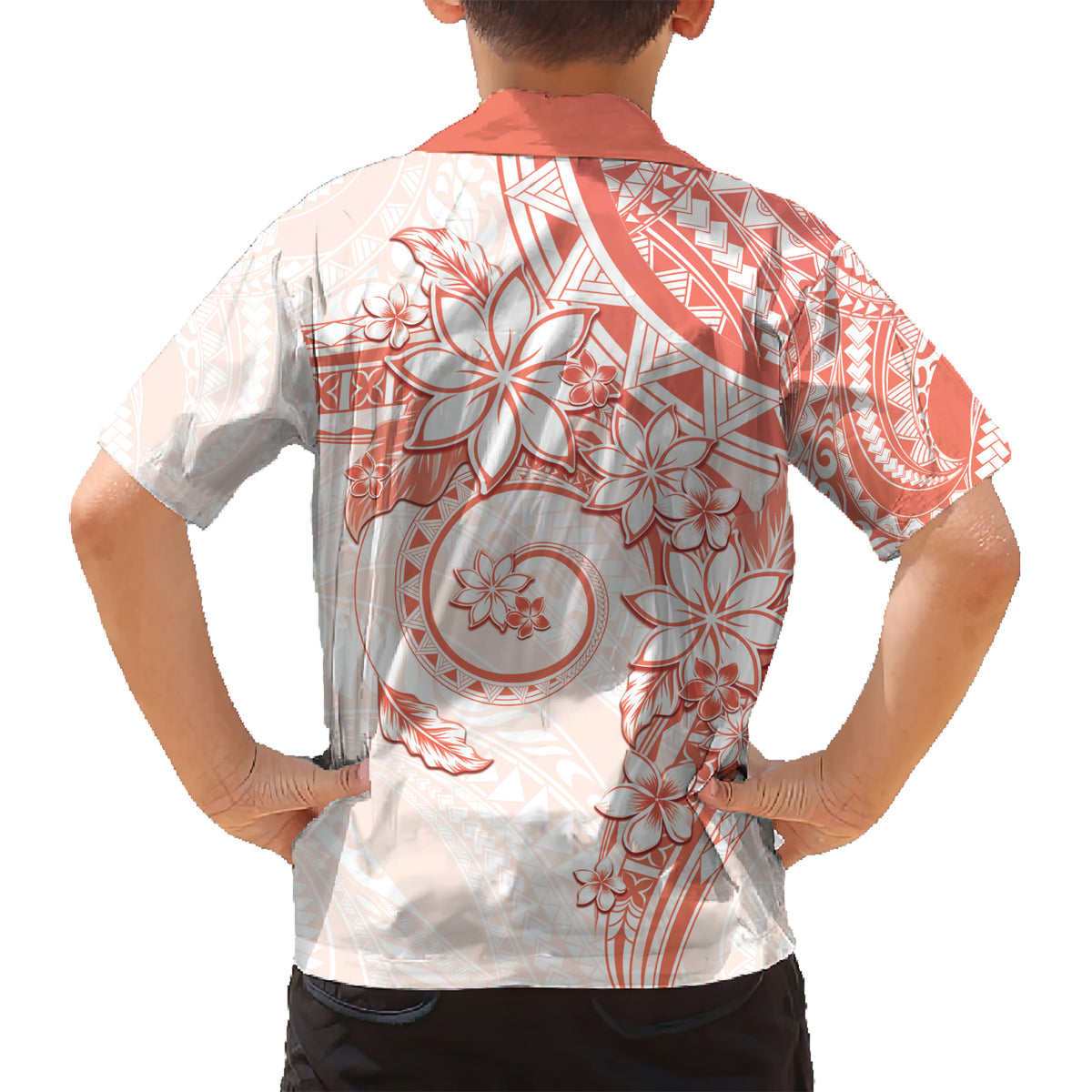 Polynesian Pattern With Plumeria Flowers Kid Hawaiian Shirt Orange Peach LT05 - Polynesian Pride