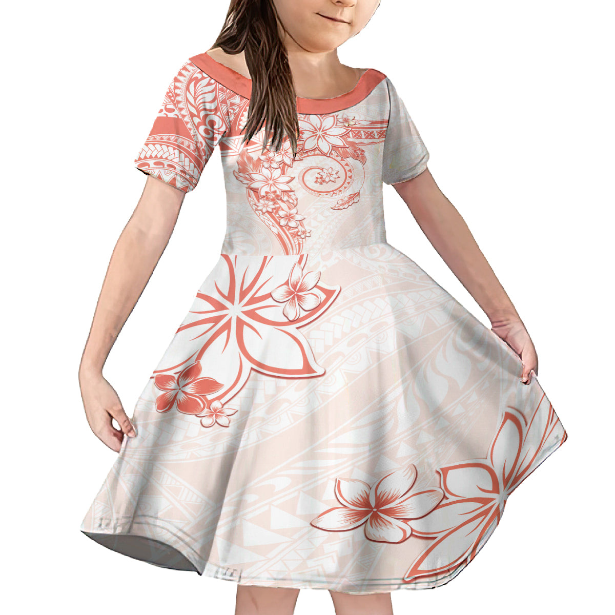 Polynesian Pattern With Plumeria Flowers Kid Short Sleeve Dress Orange Peach LT05 KID Peach - Polynesian Pride