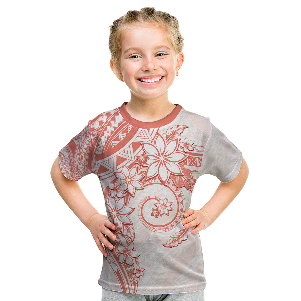 Polynesian Pattern With Plumeria Flowers Kid T Shirt Orange Peach LT05 Peach - Polynesian Pride