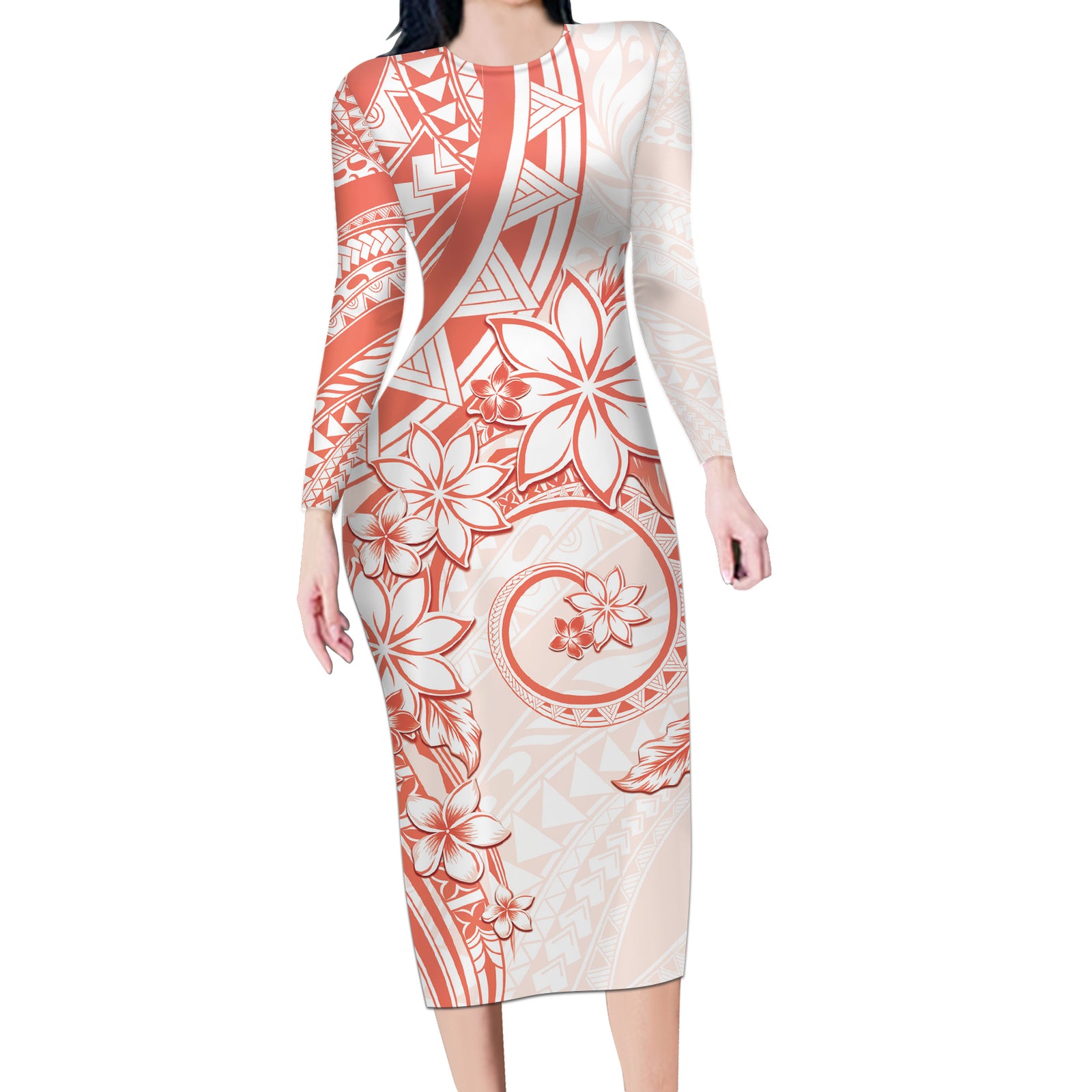 Polynesian Pattern With Plumeria Flowers Long Sleeve Bodycon Dress Orange Peach LT05 Long Dress Peach - Polynesian Pride